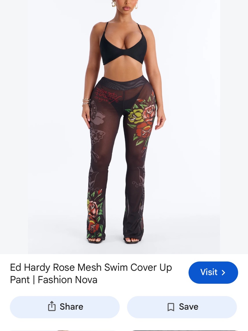 Ed Hardy Black Sheer Wide-Leg Mesh Pants with Red & Green Rose Prints